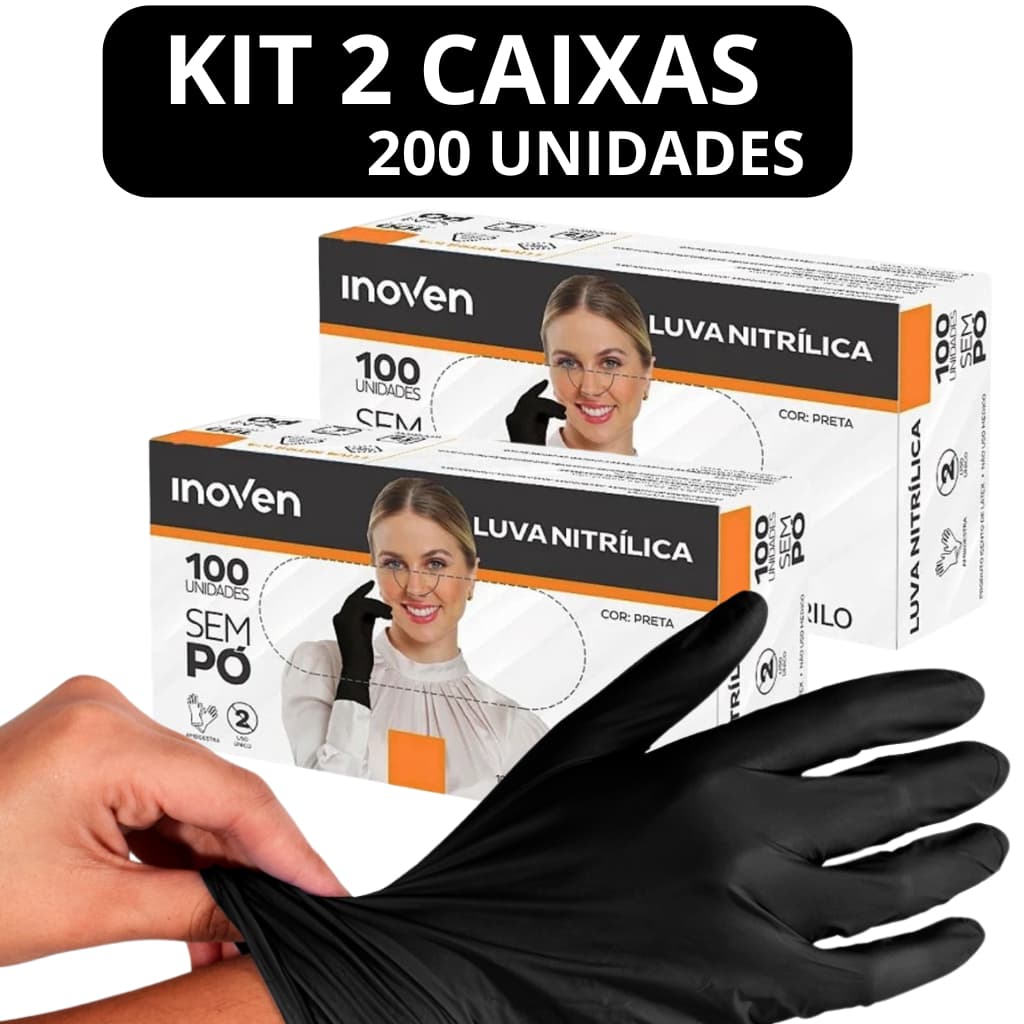 Kit 2 Luva Nitrilica Preta Descartável Sem Pó 200 Unidades