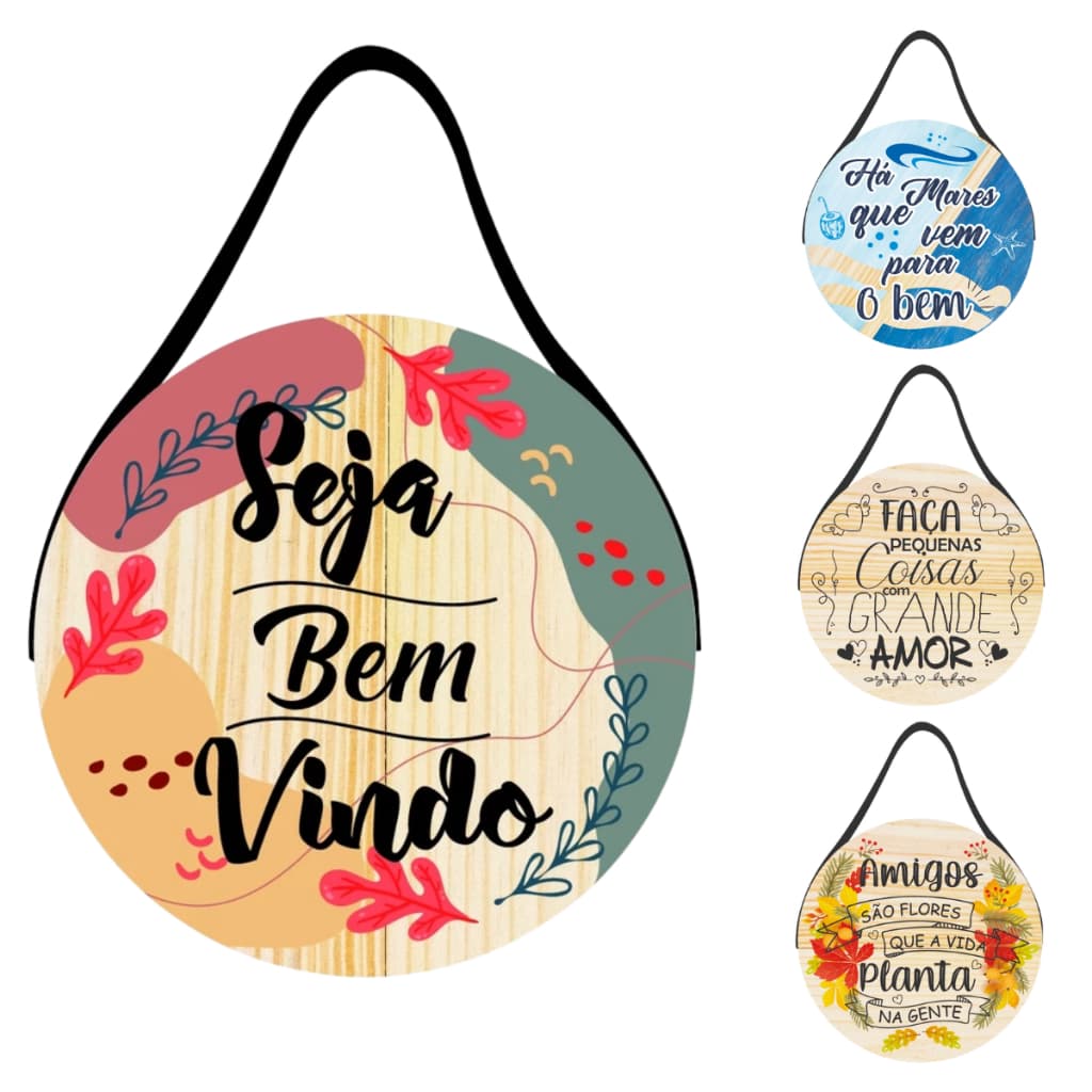 Placa Decorativa com Alça de Couro Redonda Frases Decoração Sala Cozinha 20x20cm