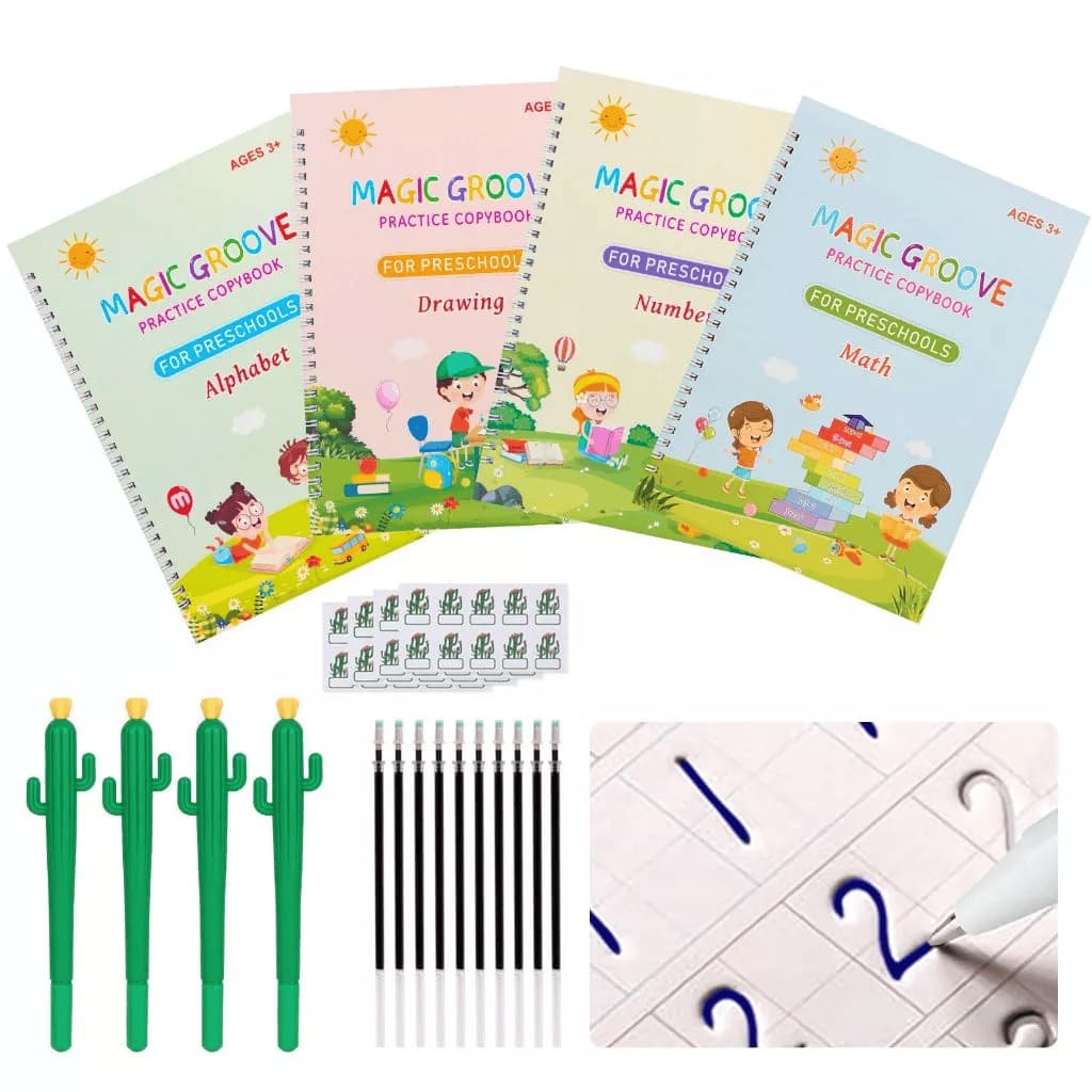 Kit 4 Cadernos de Caligrafia com caneta magica Infantil Reutilizável para Escrita e Aprendizado