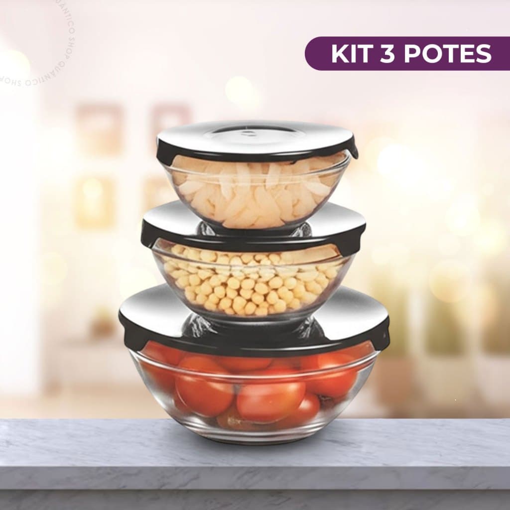 Kit 3 Potes Vidro Tigela Bowl Marmita Organizadores Com Tampa Redondo