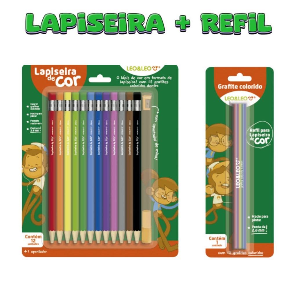 LAPISEIRA DE COR/GRAFITE COLORIDO 2.6,12 CORES + APONTADOR +1 REFIL 12 GRAFITES RESERVAS