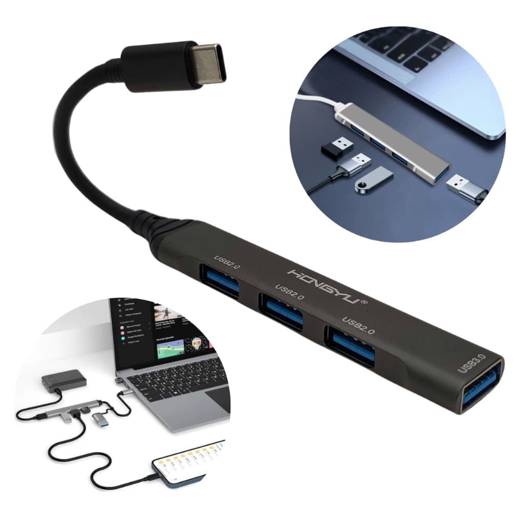 Adaptador Hub Usb 4 Portas Multifunção Tipo C E Usb 2.0 3.0
