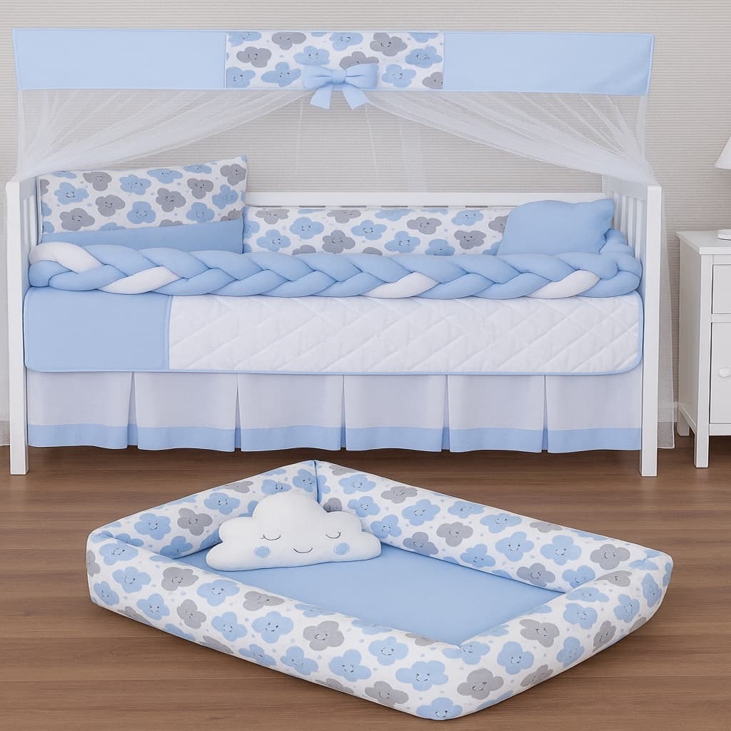 Kit Berço 11 Peças Americano com Ninho Redutor e Mosquiteiro Bebê Menino Menina