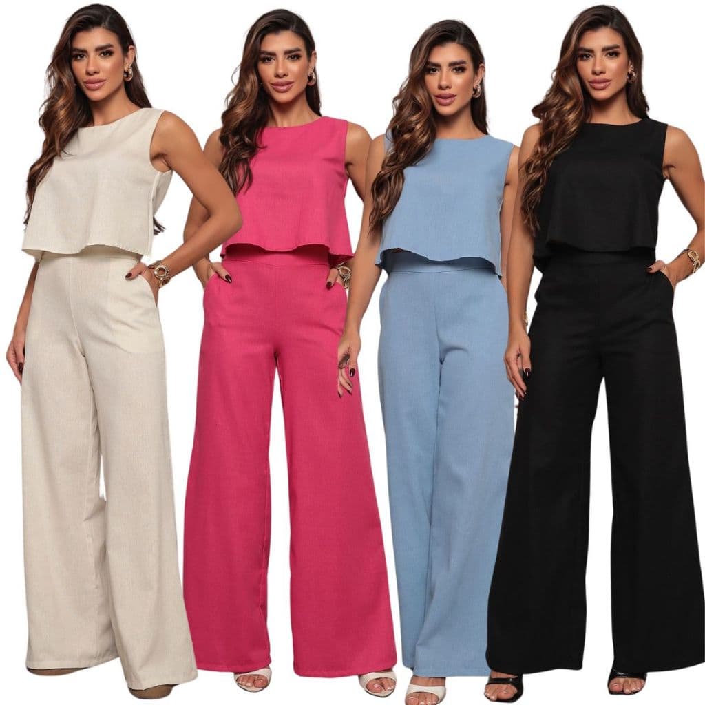 Conjunto Calça Pantalona e Blusa Feminina Em Linho Premium