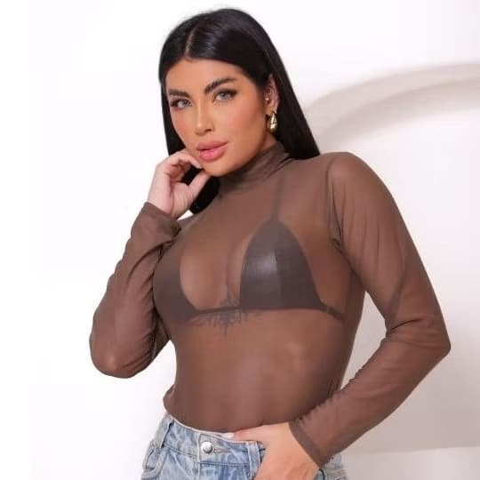 Body Feminino Tule Marrom Manga Longa Gola Alta Transparente Sexy Festa Balada