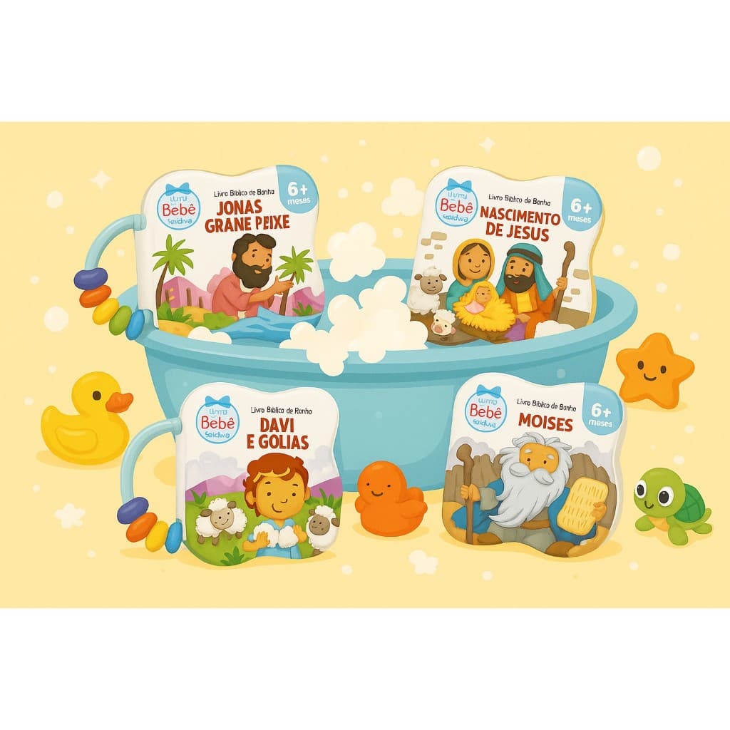 Livro de Banho Bíblico com Chocalho | Bebê 6+ Meses | Histórias Infantis Cristãs à Prova d'Água