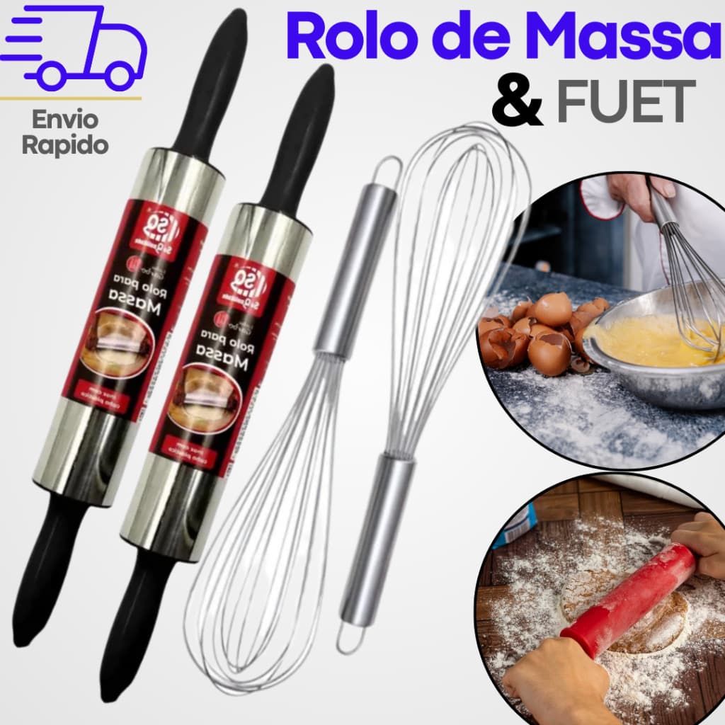 2 Rolos de Massa e 2 Batedores Fouet Profissional – Cabo Reforçado para Máxima Performance na Cozinha