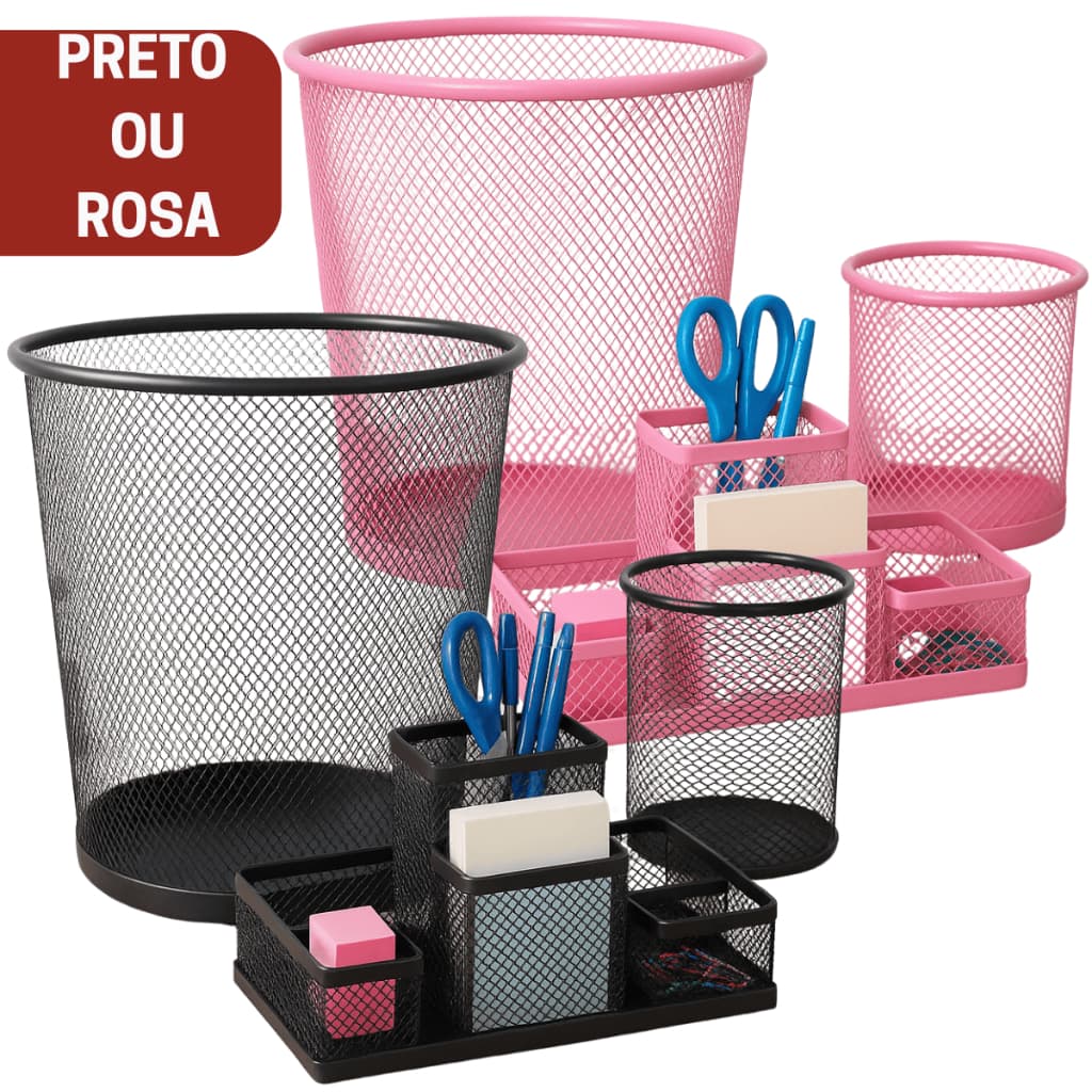 Lixeira Organizador De Escritório Preto Rosa Porta Treco Caneta Lixo Rosa