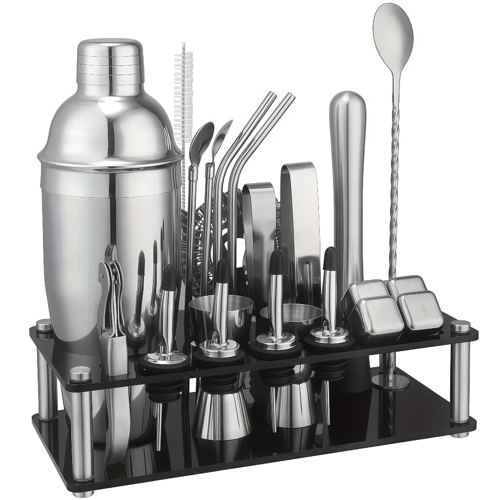 Cocktail Bar Utensilios Kit 23 Peças Inox Coqueteleira 750ml Profissional + Suporte Sacador Dosador