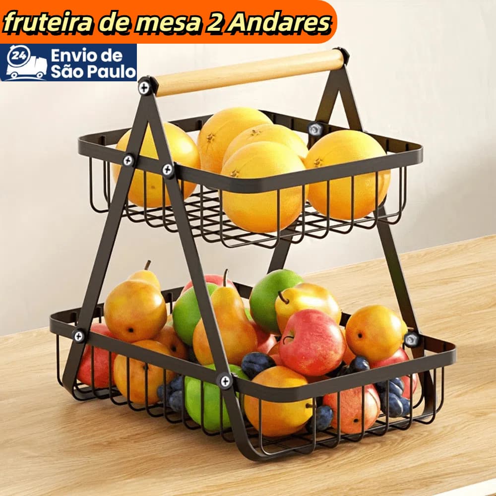 Fruteira de Mesa com 2 Andares Dupla Cesto de Frutas Aramado Metal Organizador Frutas Legumes