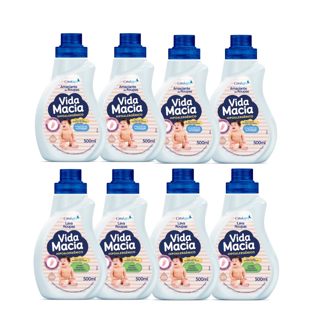 Kit Vida Macia 500ml Bebê 4 Lava Roupas liq Algodão + 4 Amaciante Algodão (PROMOÇÃO)