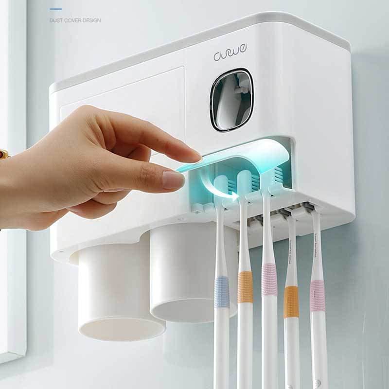 Aplicador Pasta de Dente Dispenser Porta Escovas Suporte Parede Banheiro