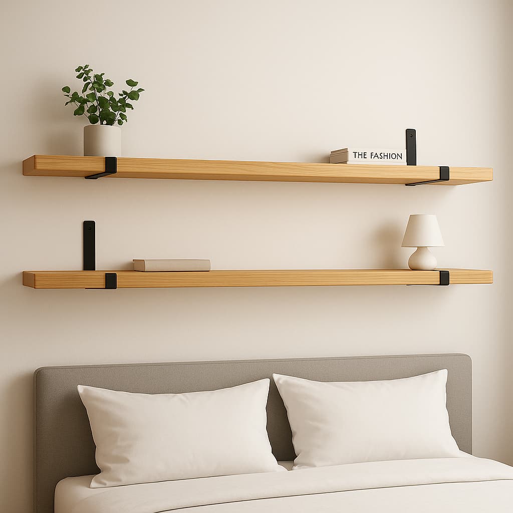 Kit com 2 prateleiras de madeira industrial com suporte invertido mão francesa