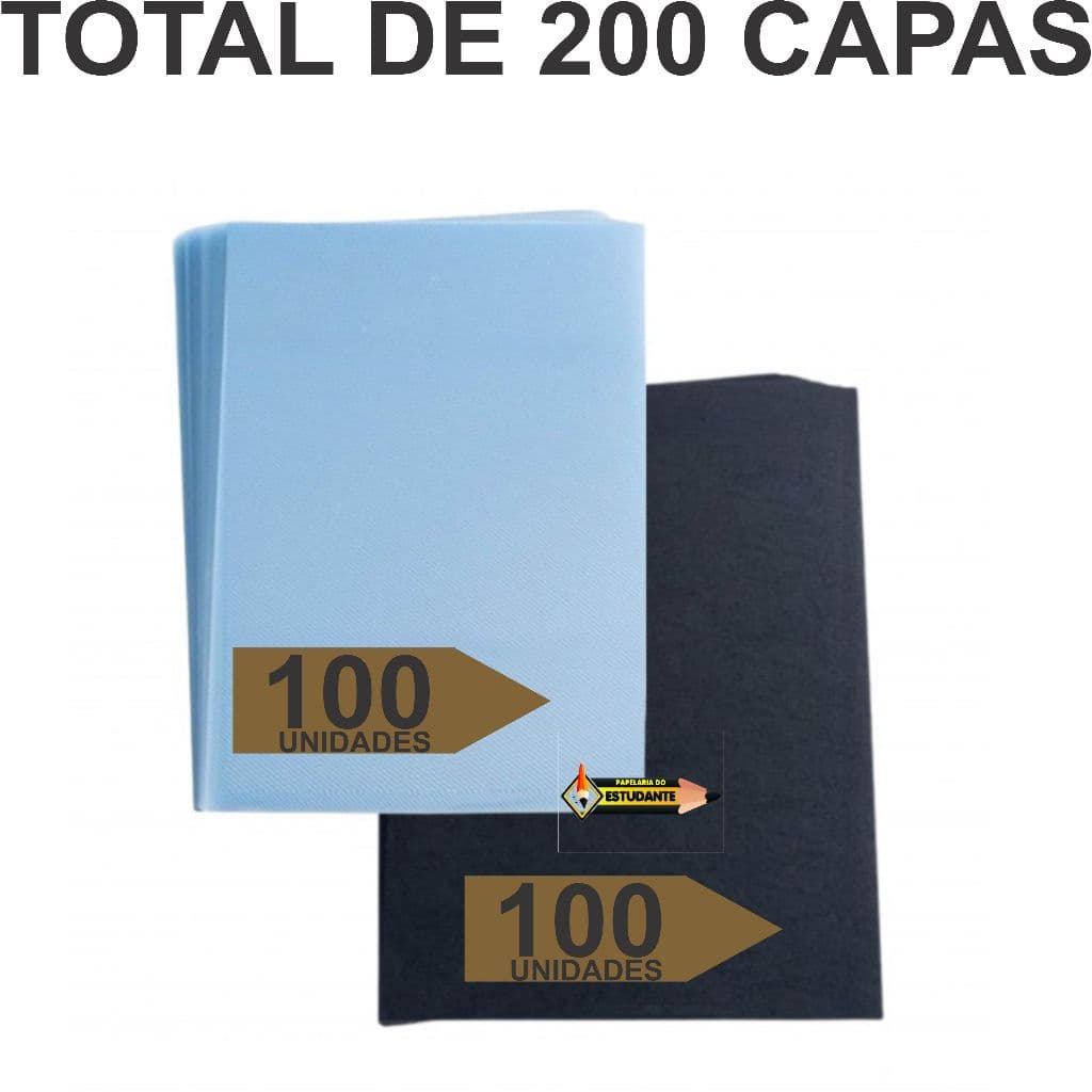 Kit 200 Capas para Encadernação A4 - 100 Transparentes PP Line + 100 Preto Couro 0,30mm
