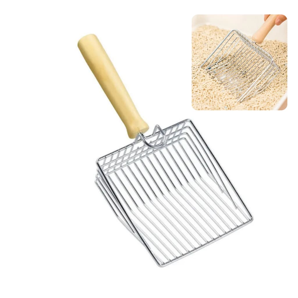 Pá Higiênica de Areia Pet Coleta Filtra Grãos Fezes Coco Cabo de Madeira Malha em Aço Inox