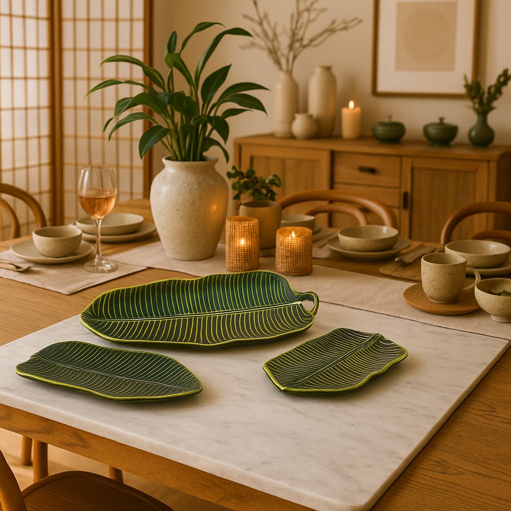 Kit Bandeja Folha De Banana Cerâmica Louças Cozinha Decoração