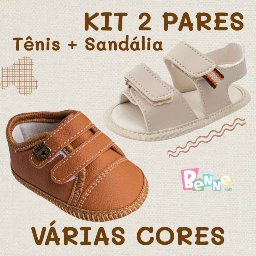 KIT 2 Pares Bebê Menino Tênis + Sandália Papete Recém Nascido Social Batizado Calce Fácil Benne