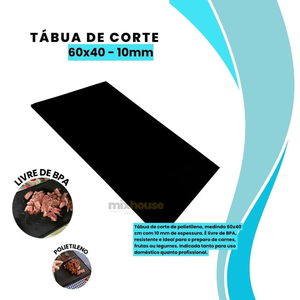 Tábua de Corte Preta Profissional Polietileno Carnes Legumes Verduras 60x40 10MM