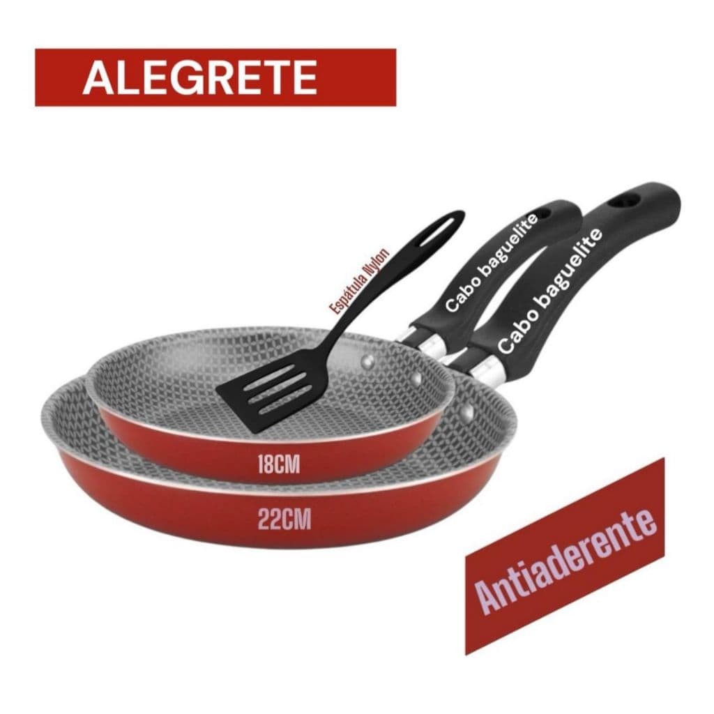 Kit Frigideira Antiaderente Sem Oleo 3 Peças Alegrete Enjoy Vermelho e Preto