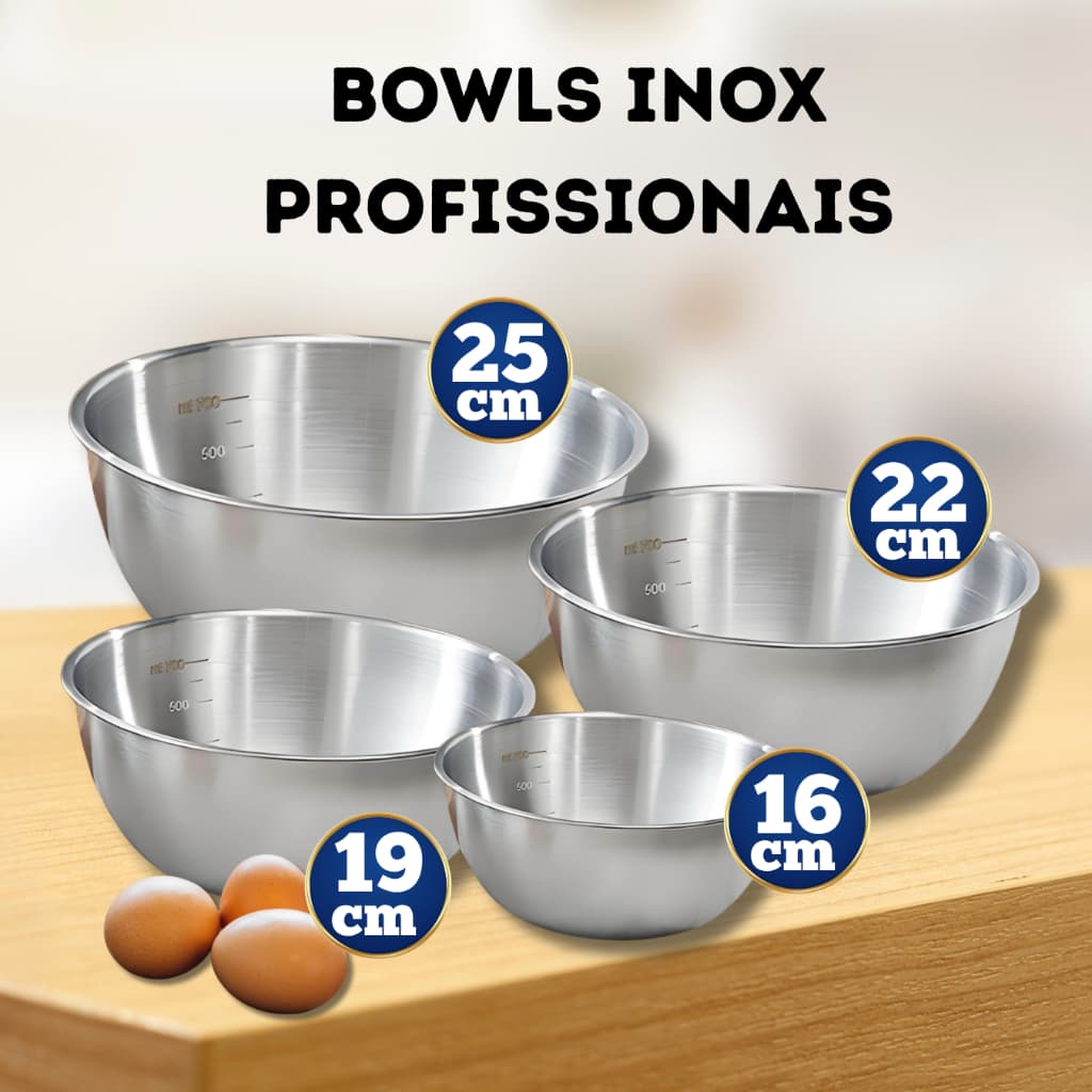 Bowl Inox Tigela Profissional Fundo Grosso Bacia Saladeira Tigela 16, 19, 22, 25 cm