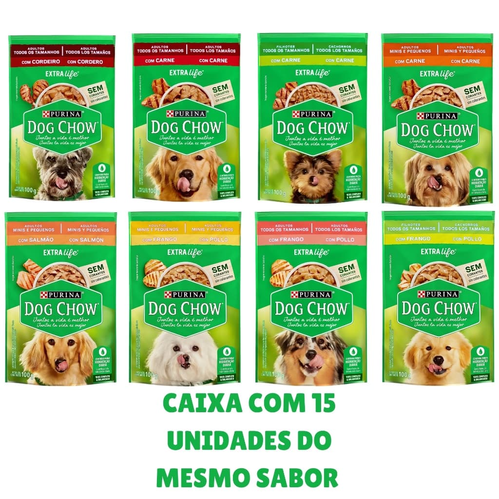 Kit 15 Unidades Sachê Dog Chow Raçao Úmida Carne, Salmão, Cordeiro, e Frango 100g