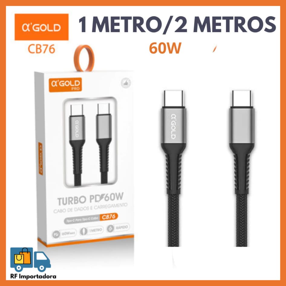Cabo Carregador USB-C + Tipo-C Turbo 60W 1M/2M A'GOLD