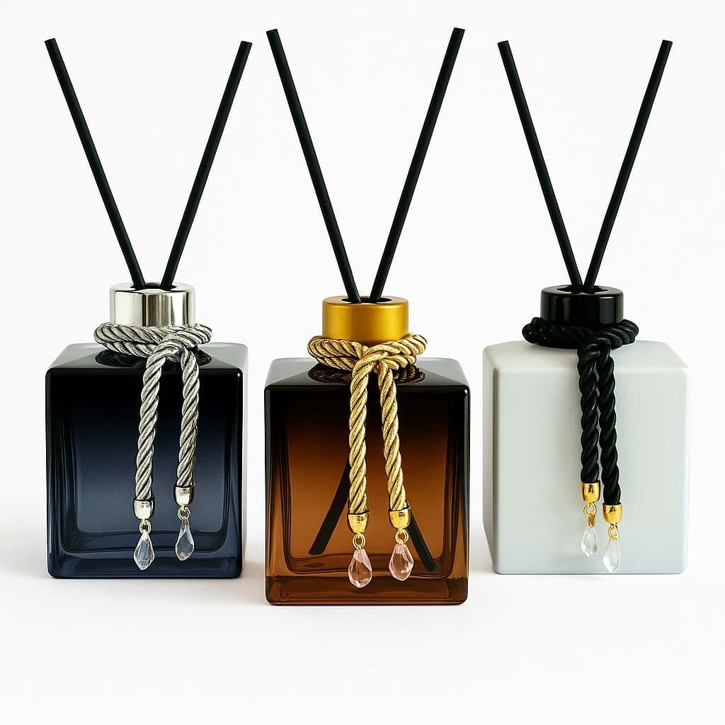 Difusor Banheiro Aromatizador Ambiente Vidro Cubo Branco c/Dourado 250ml Lavabo Pia Luxo e Elegante