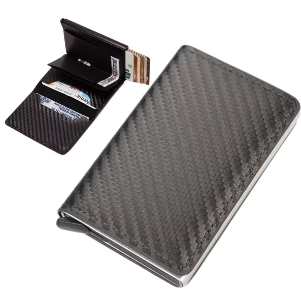 Carteira Porta Cartão Crédito Pop-up Inteligente Mágica Fibra Carbono Slim Antifurto Preta Smart