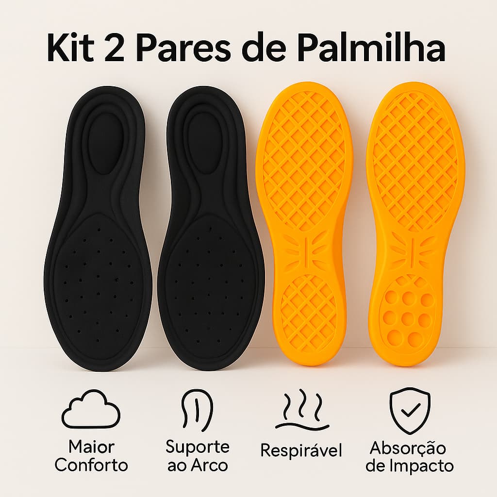 Kit 2 Pares de Palmilha de Gel Ortopédica Macia Confortável Anatômica Confort Silicone Anti-impacto