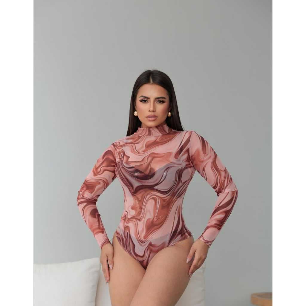 Body Em Tule Slim Fit  Estampados Leve Gola Alta Manga Longa( Vaquinha, Tie Dye Marsala e Onça)