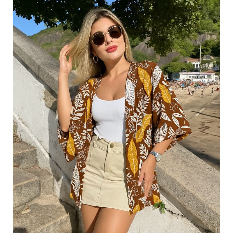 Kimono Feminino Manga 3/4 Liso e Estampado estilo Farm Cardigan Terceira Peça do P ao Plus size