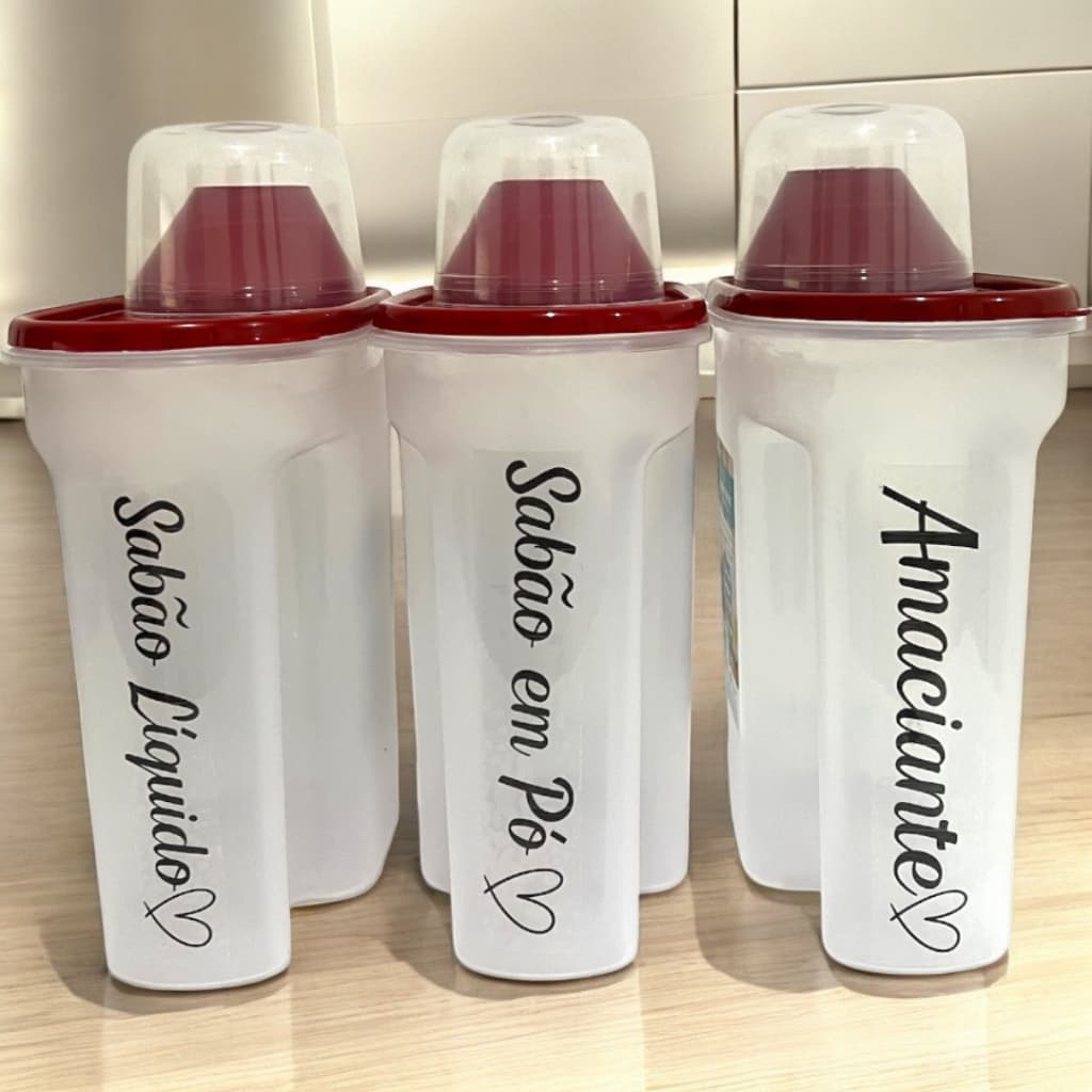 Kit 3 Porta Sabão Líquido 1700ml Com Tampa Medidora + Adesivo | Amaciante Sabão em Pó