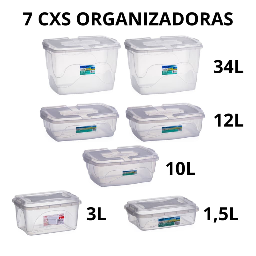 Kit Caixas Container Organizadoras 7 Peças Vários Tamanhos 34L 12L 10L 3L 1,5L