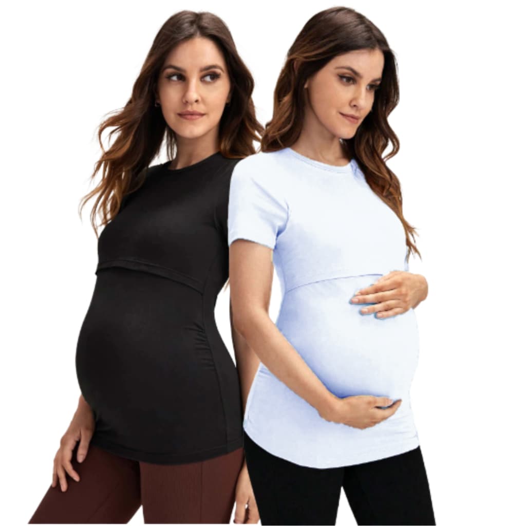Kit 2 Camisetas Feminina de Amamentação com Abertura Frontal Transpassada Manga Curta Plus Size