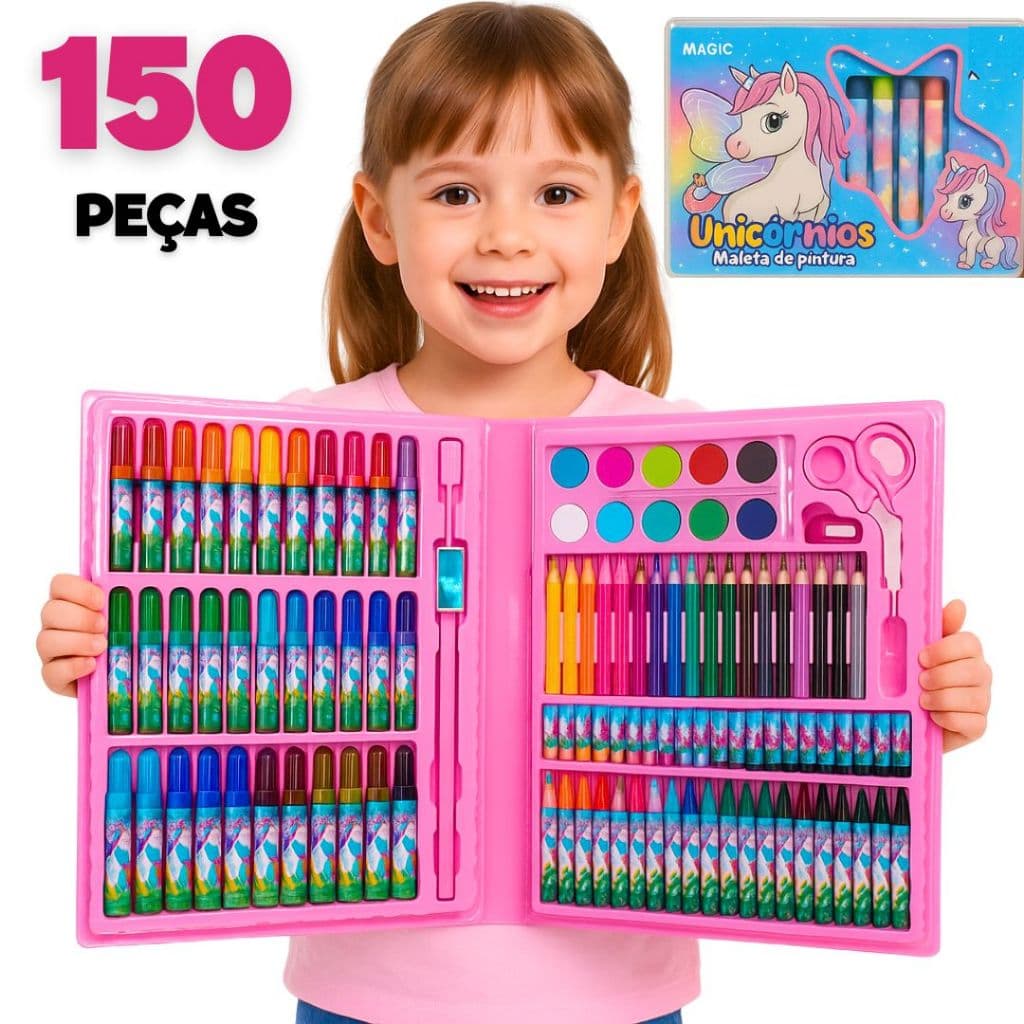Estojo Maleta Escolar 150 Pçs C/ Canetinha E Lapis Infantil Menina Unicórnio