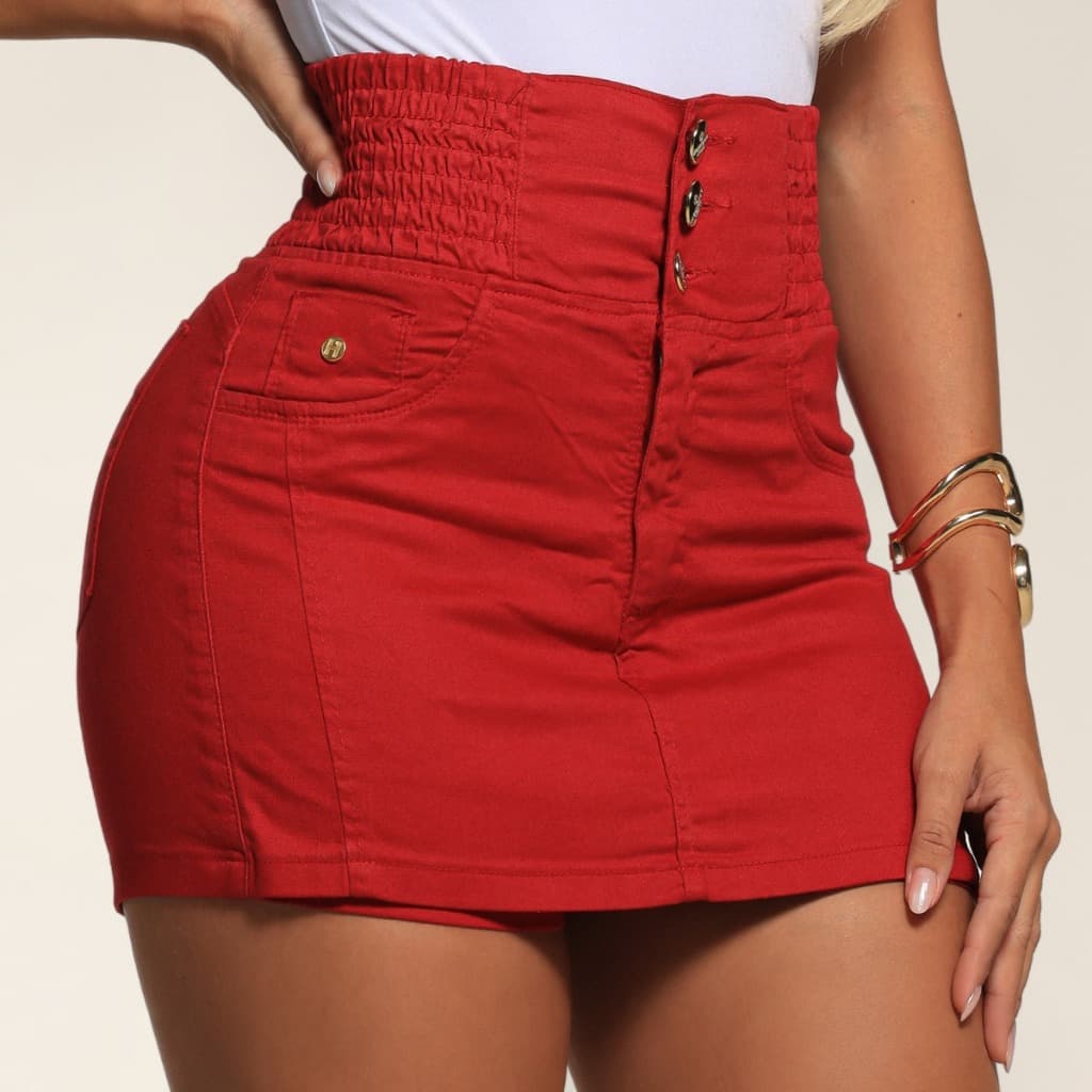 Short Saia Modelador Feminino Cintura Alta Elastano Lycra Vermelho  Versátil Lipo Empina bumbum afina cintura