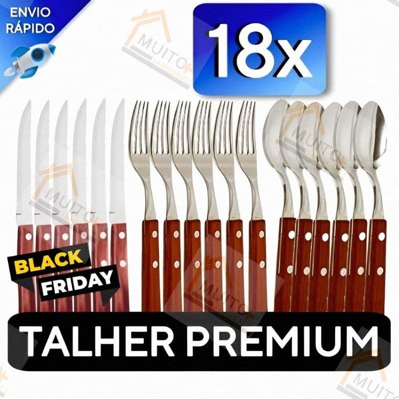 Jogo de Talheres 18 peças Em Cabo De Madeira de Aço Inox 6 Facas 6 Garfos de Mesa 6 Colheres