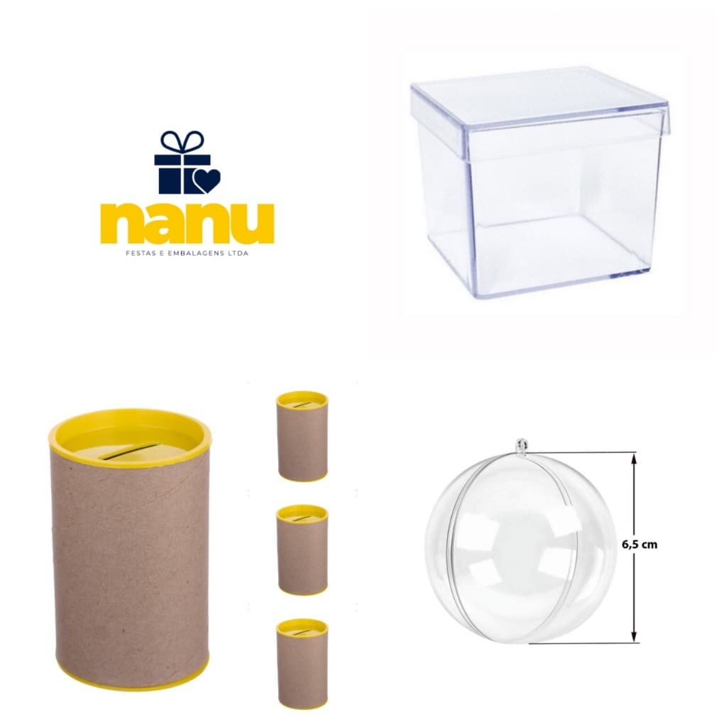 Kit duplo luxo- 20 Cofrinhos + 20 Esferas acrilicas 6,5 cm + 20 Caixinhas 5X5  - Lembrancinhas festa