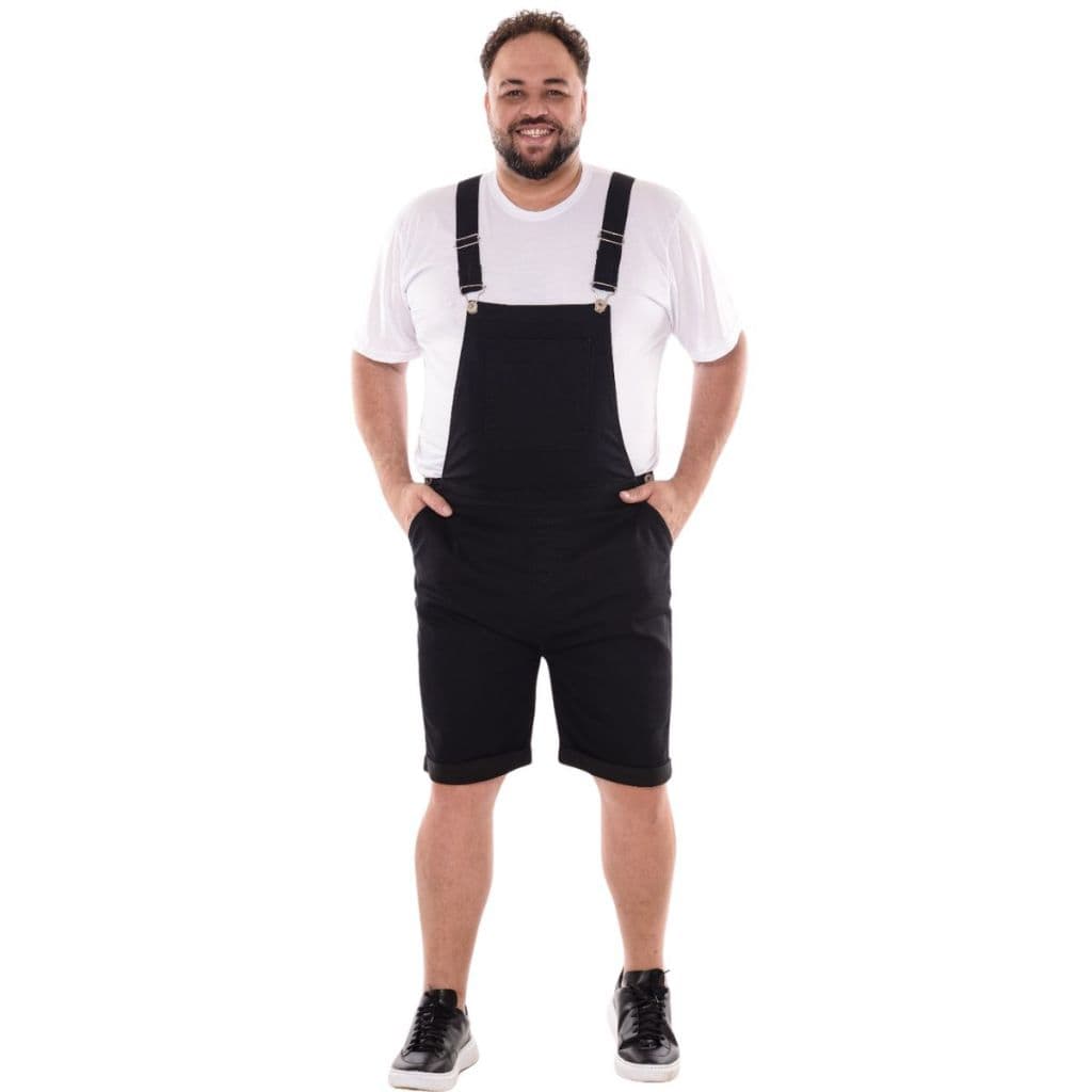 Macacão Jardineira Preto Curto Sarja Masculino Plus Size