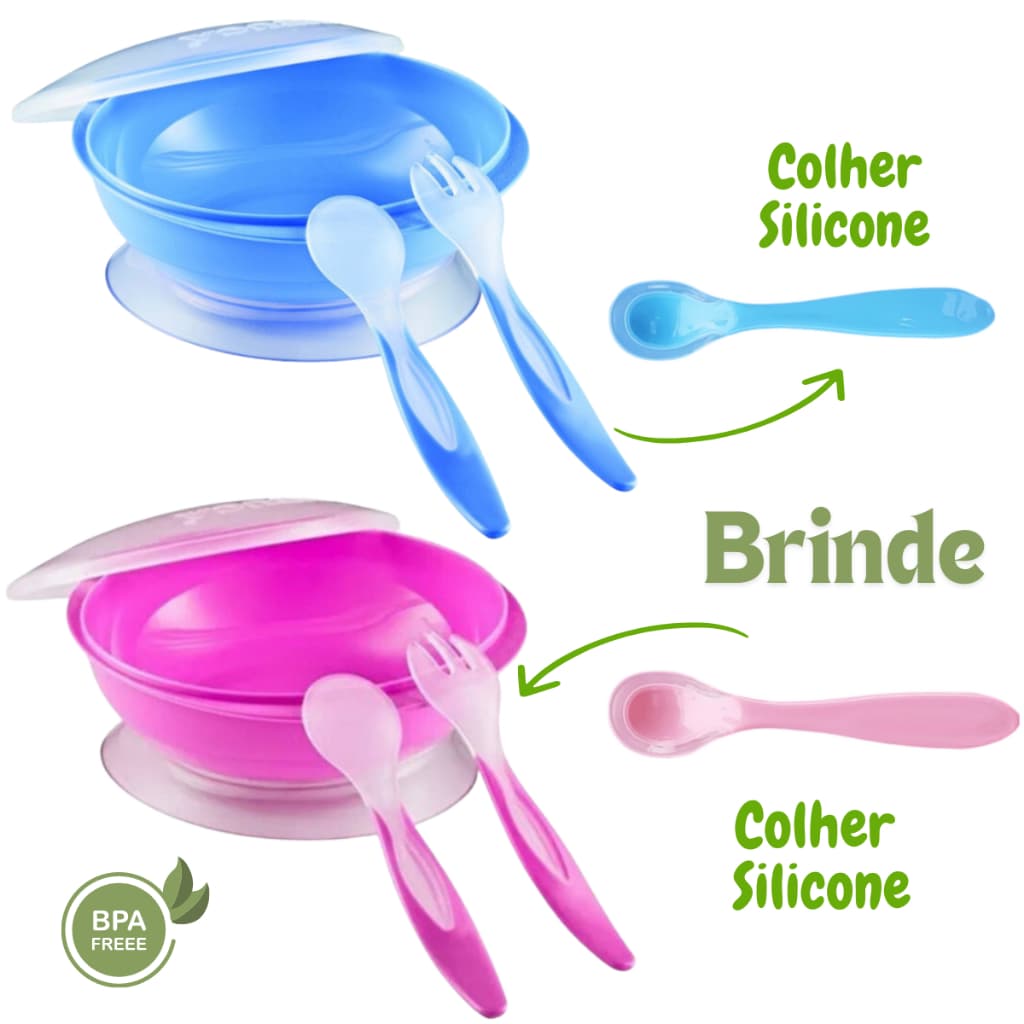 Kit Pratinho Para Bebe Kit Refeição Prato + Talheres + Tampa + Ventosa + Colher Silicone