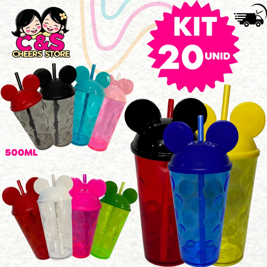 Kit 20 Copos Bolhas Com Tampa Orelha Mickey e Canudo 500 ML Festa