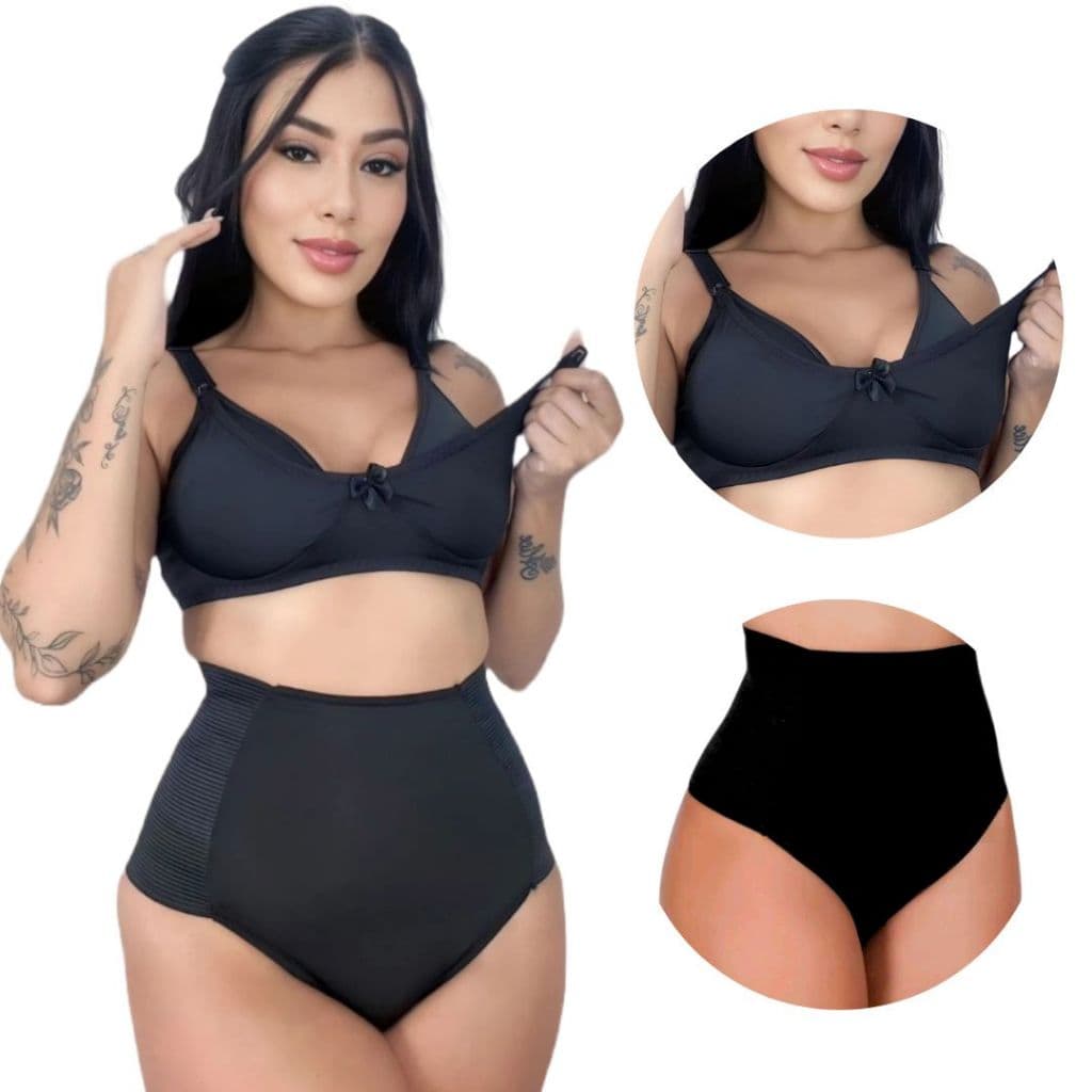 Kit 3 Conjunto Sutiã Amamentação + Calcinha Compressora Modeladora cós alto pós Cesária maternidade