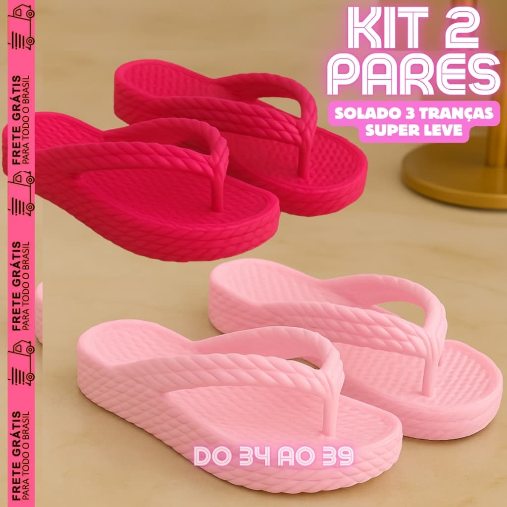 Kit 1, 2 Pares Chinelo Feminino Ortopédico 3 Tranças Plataforma Nuvem Ultra Confort Macio Leve