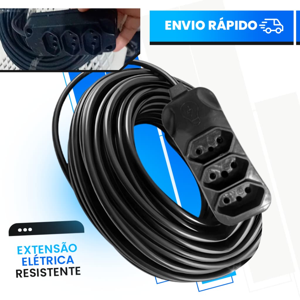 Extensão Elétrica CABO PP 2x2.5mm 20A/10A Resistente - 2 Metros a 25 Metros (METROS)
