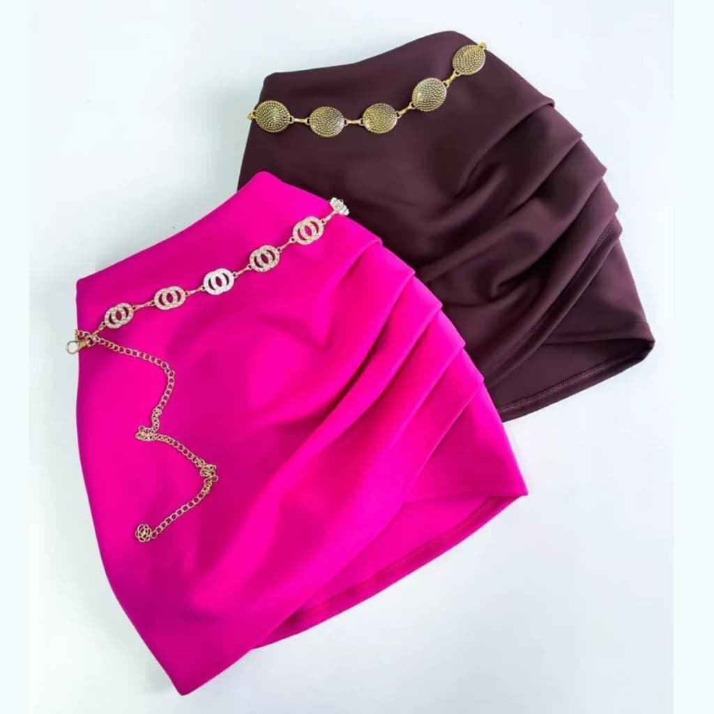 Short Saia Feminina Grapeado Blogueira Tendência Drapeada Cintura Alta Tecido Encorpado Não Marca,