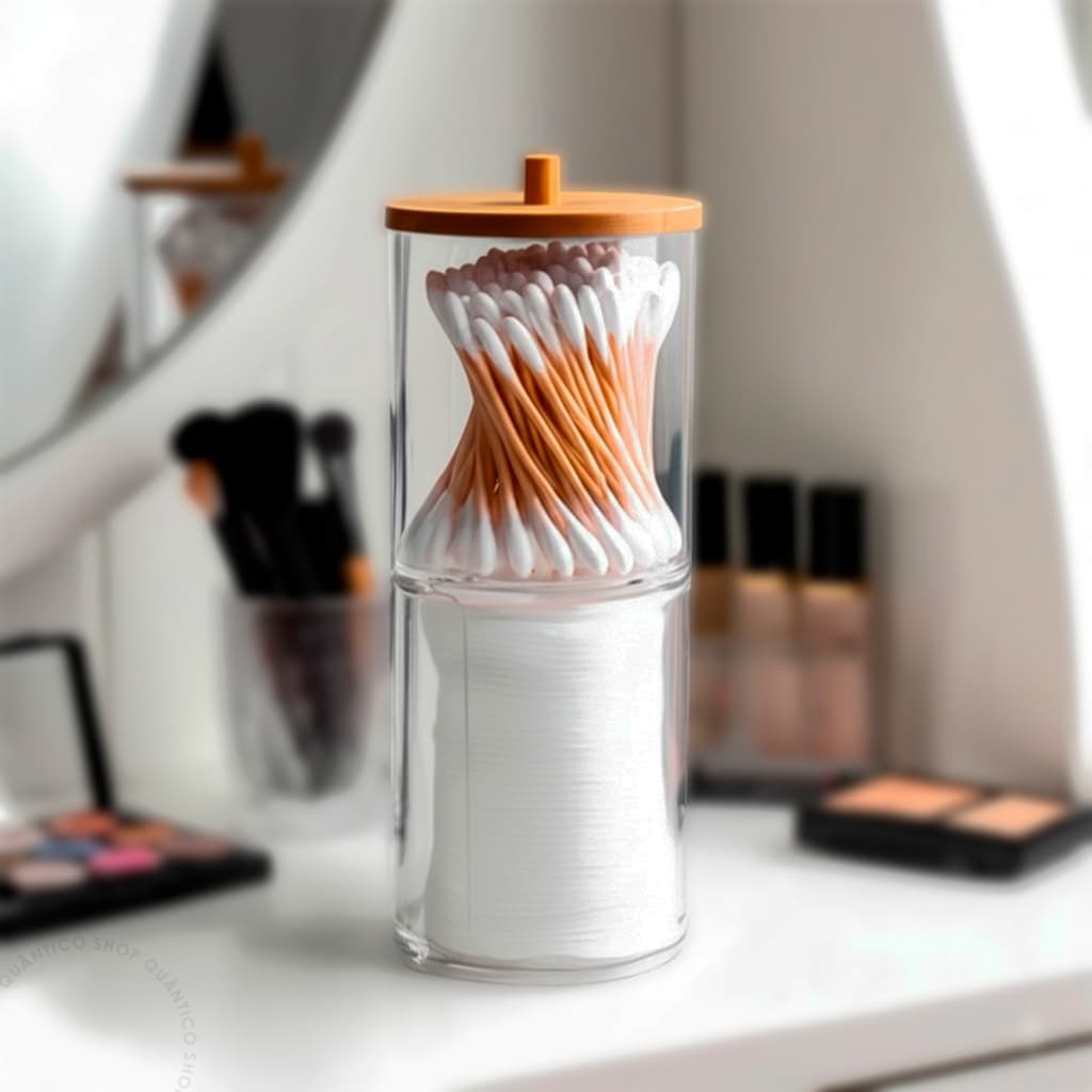 Porta Cotonetes Duplo Acrílico Tampa Bambu Multifuncional Organizador Algodão Resistente Condimentos