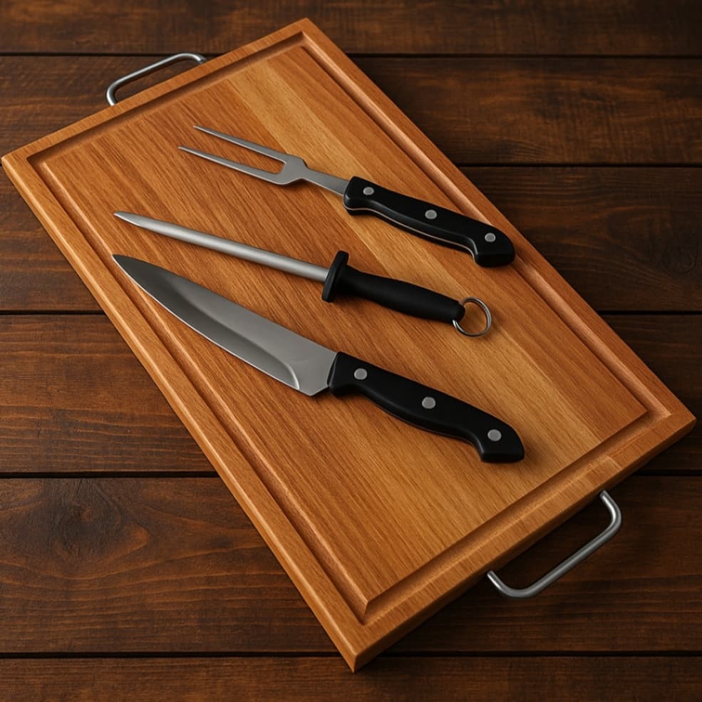 Tábua de Carne Para  Churrasco Grande 32x50cm Com Faca e Garfo