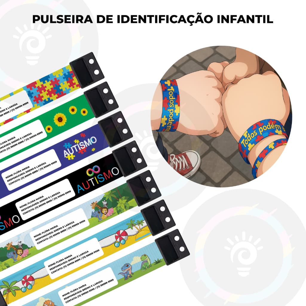 Pulseira de Identificação Infantil Personalizada de Tecido Diversos Temas Autismo Autista e Desenho
