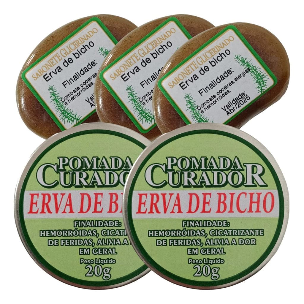 Kit 2 Pomadas Erva de bicho + 3 und. Sabonetes Erva De Bicho (glicinerado)
