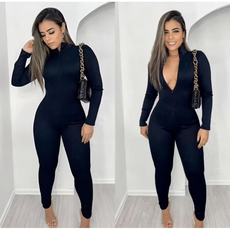 Macacão Manga Longa Virgínia Ribana Canelado com Zíper Academia Balada